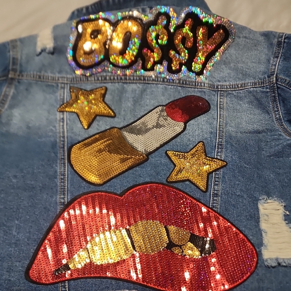 Custom Destructed JEAN MUA Denim Jacket Sequin Patches Small SM WOMEN girls S